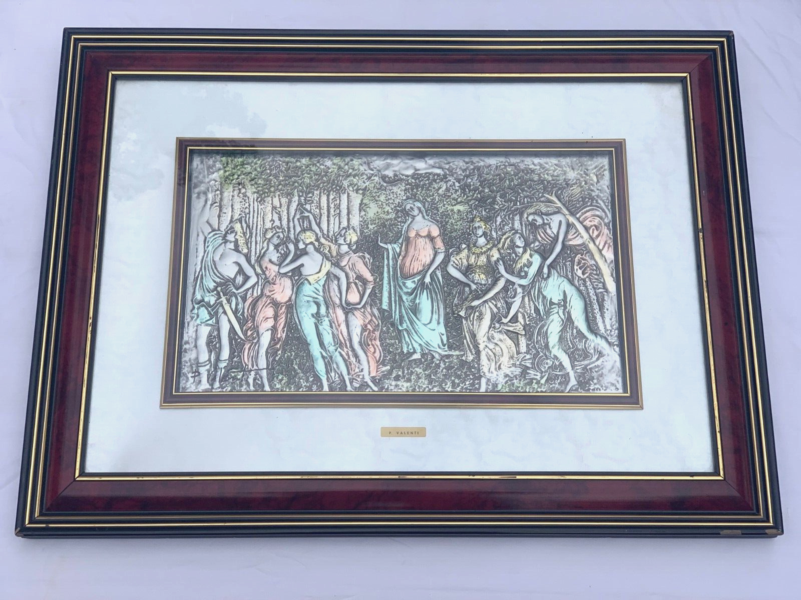 P. VALENTI EMBOSSED SILVER PLAQUE ART NOUVEAU CLASSICAL FIGURES IN FOREST ITALY