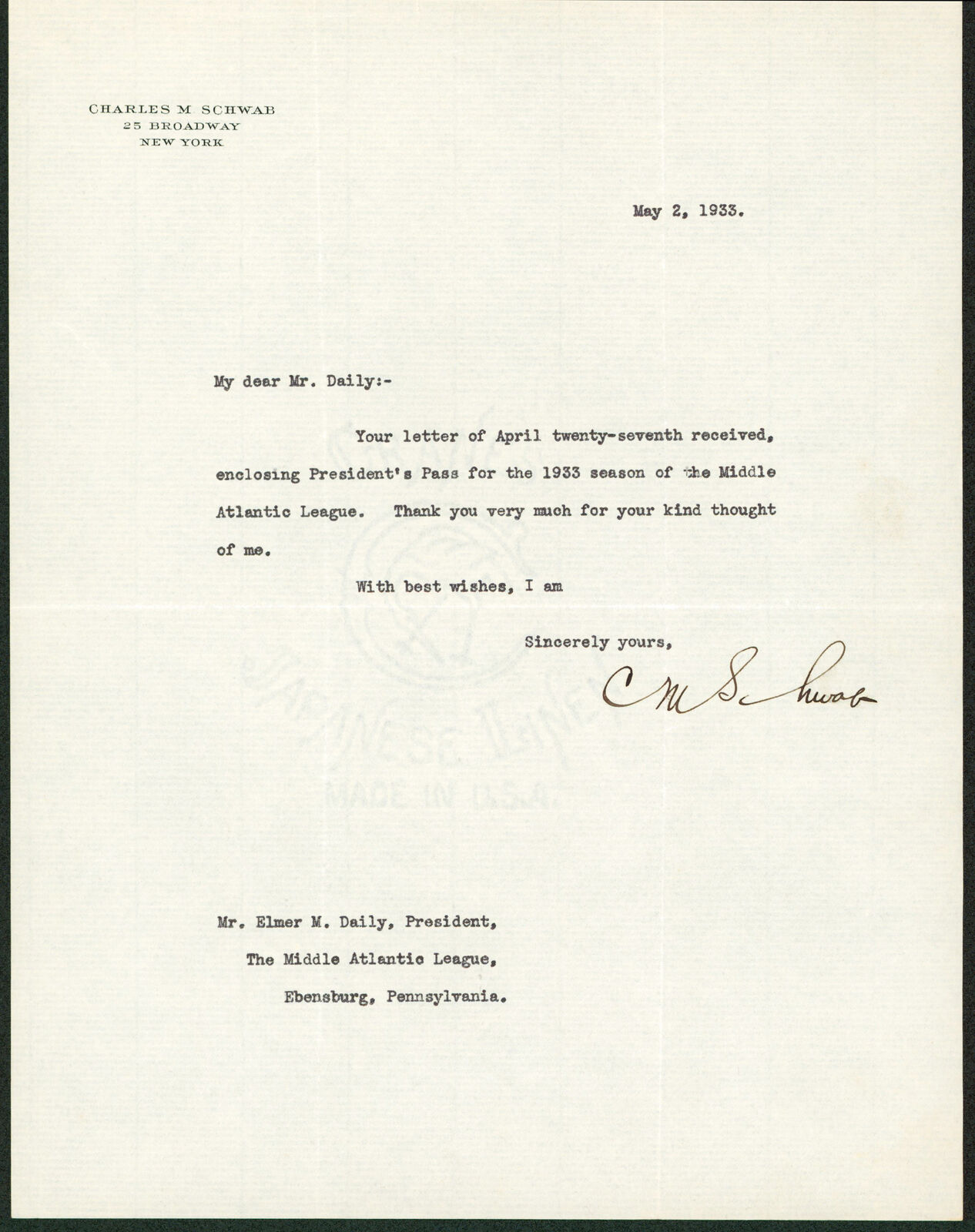 Charles Schwab Authentic Signed 8.5x11 Letter Dated May 2, 1933 BAS #AB76490