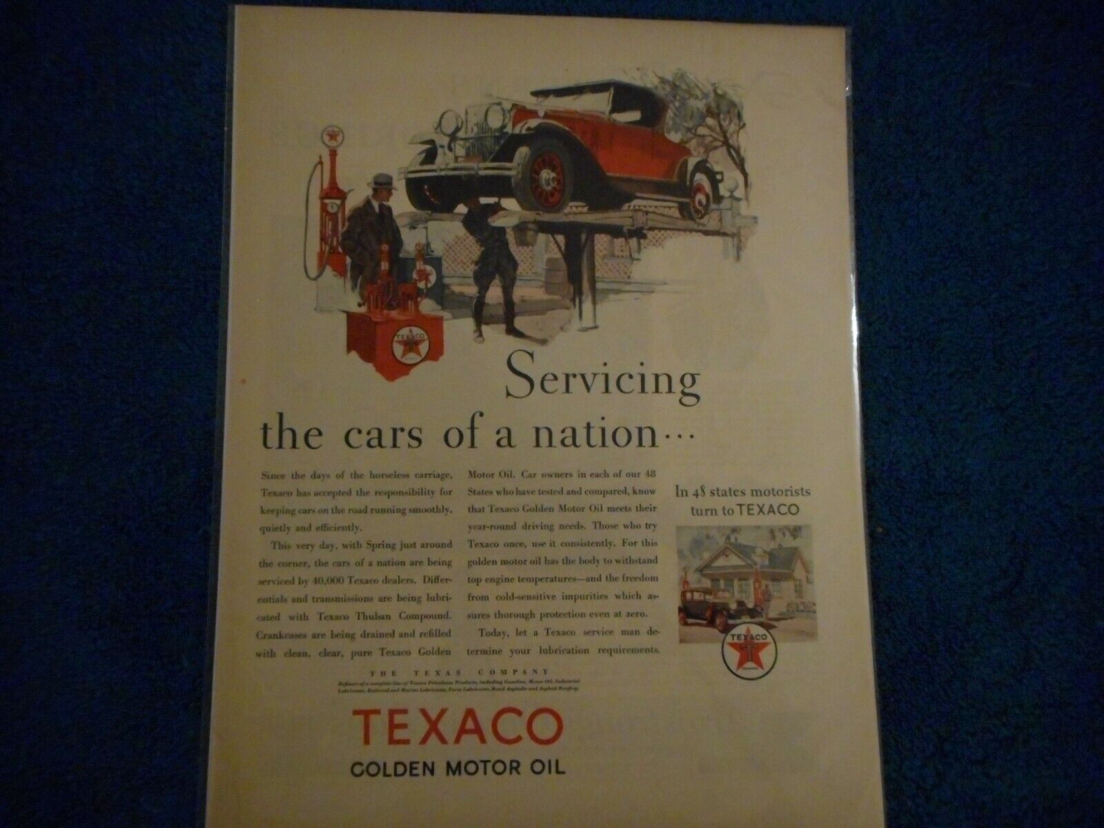 1930 Texaco, Texas Company Print Advertisement: Texaco Golden Motor Oil w/ Pump
