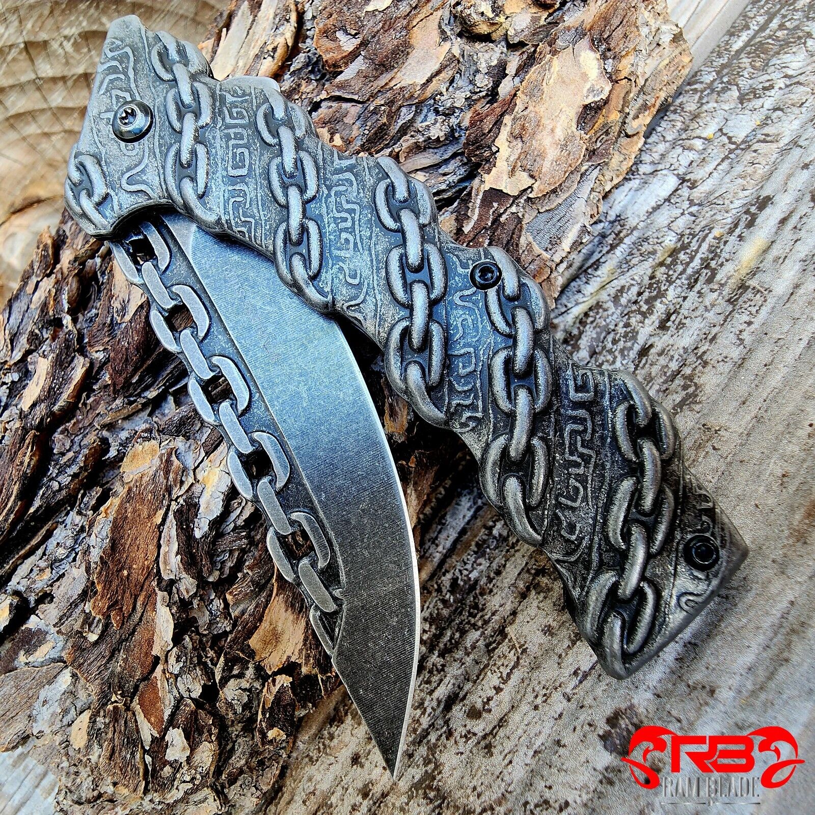 8” Stone Wash Chain Tactical Spring Assisted Open Blade Folding Pocket Knife EDC