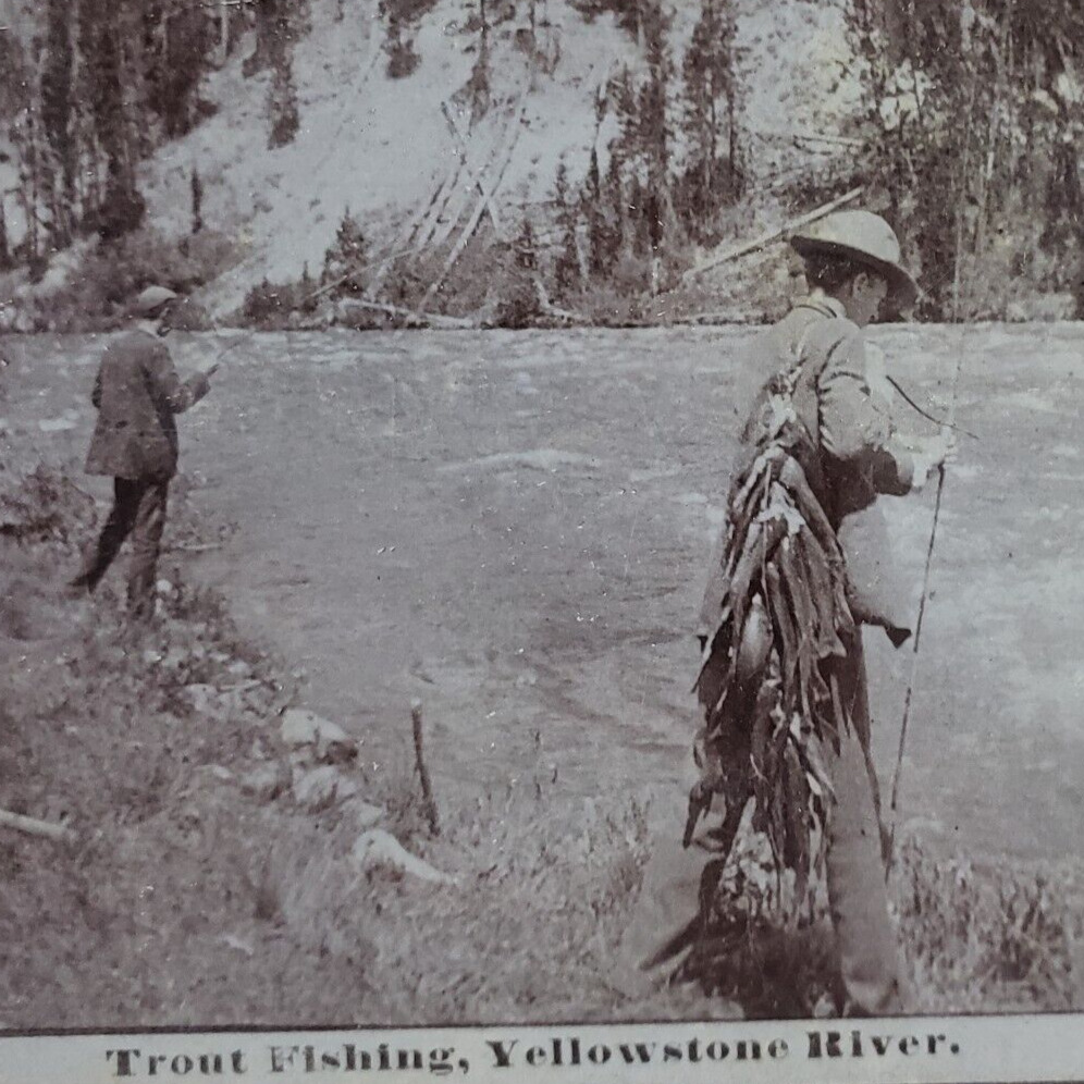 Trout Fishing Yellowstone River Stereoview c1885 Antique Fishermen Park WY A1117