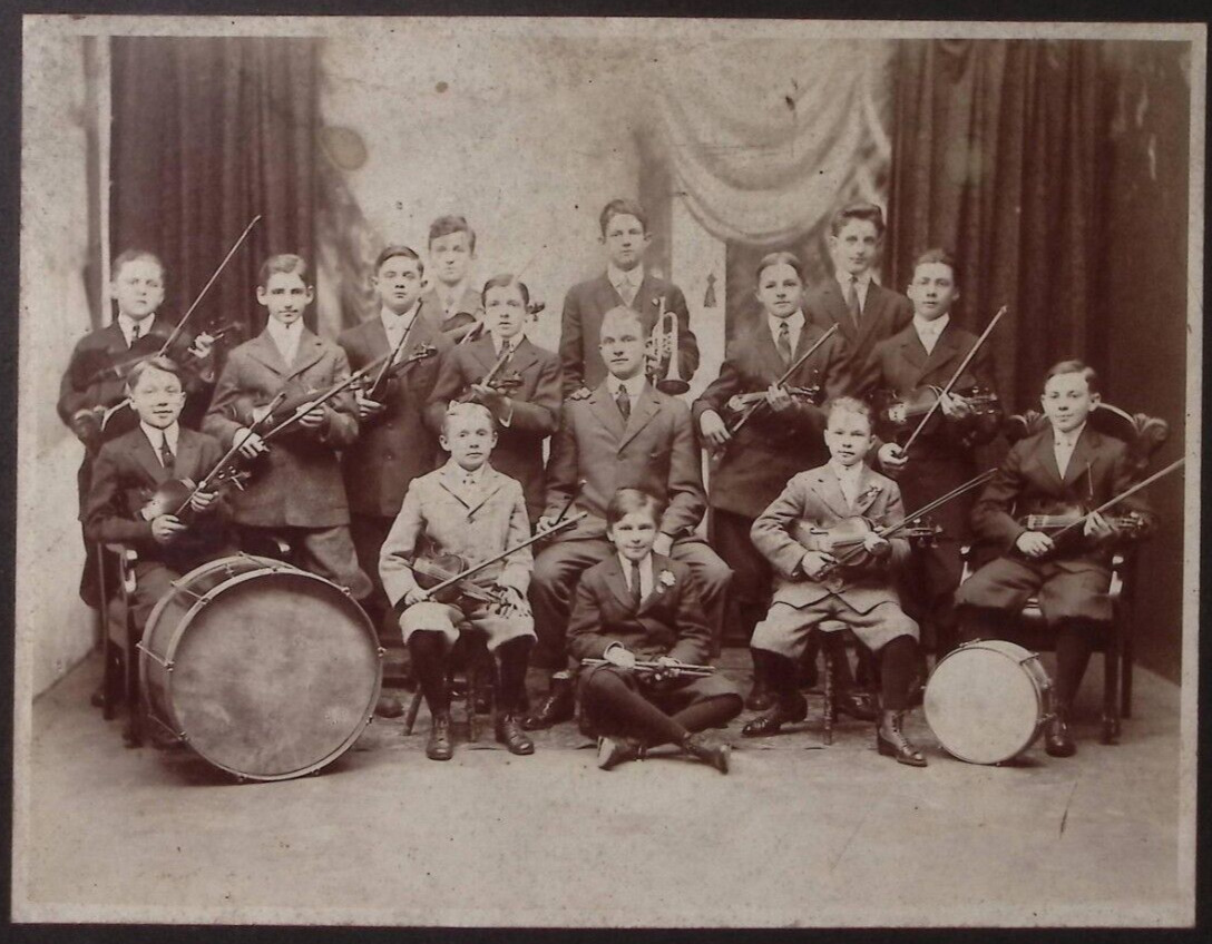 c1900 MUSICAL BAND OF YOUNG MUSICIANS VIOLINS DRUMS HORNS AND DIRECTOR W99