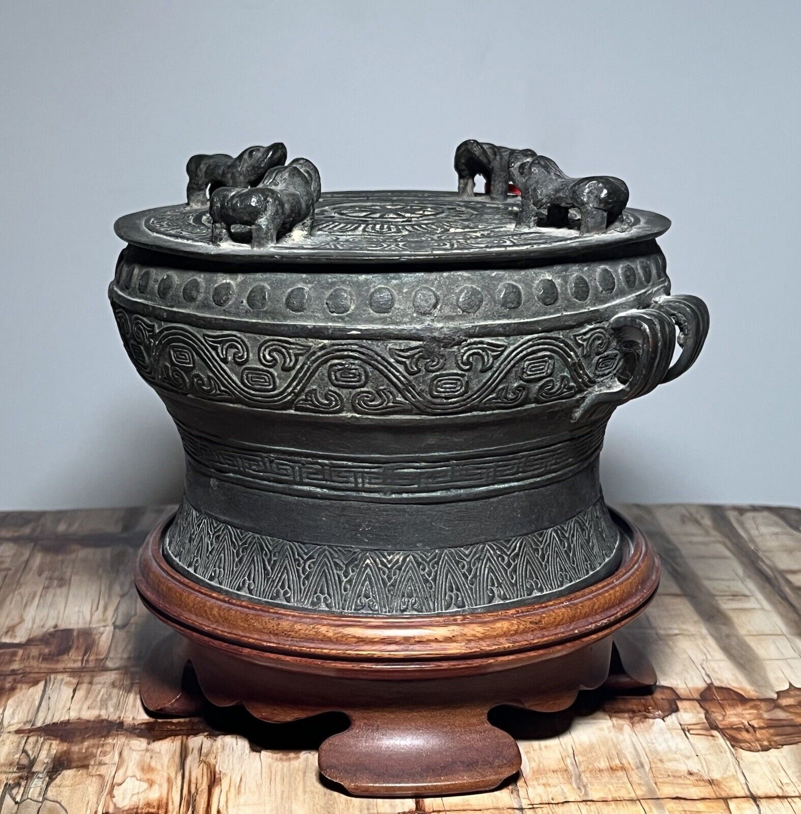 Rain Drum With Frogs. Cast Bronze. Wooden Stand. Small. 7”diameter.
