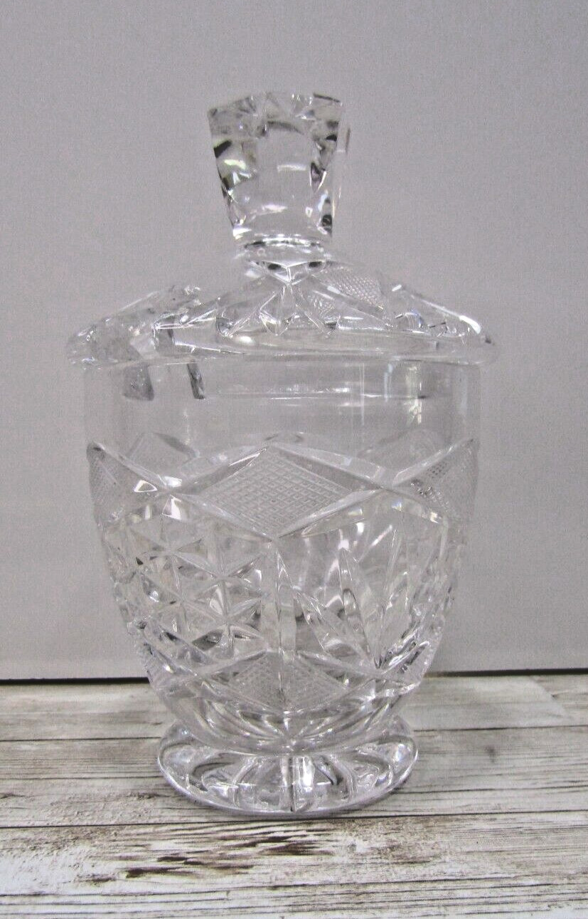 Vintage Heavy Lead Etched Hand Cutted Floral Pattern Crystal Glass Jar with lid