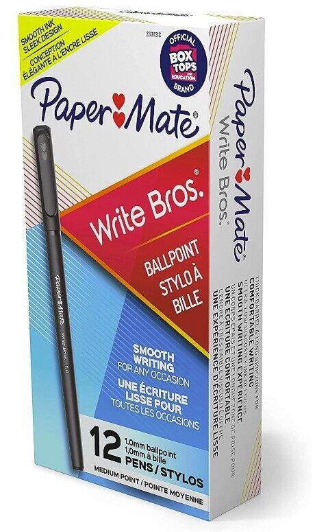 Paper Mate Write Bros Ballpoint Pens, Medium Point (1.0mm), Black, 12 Count
