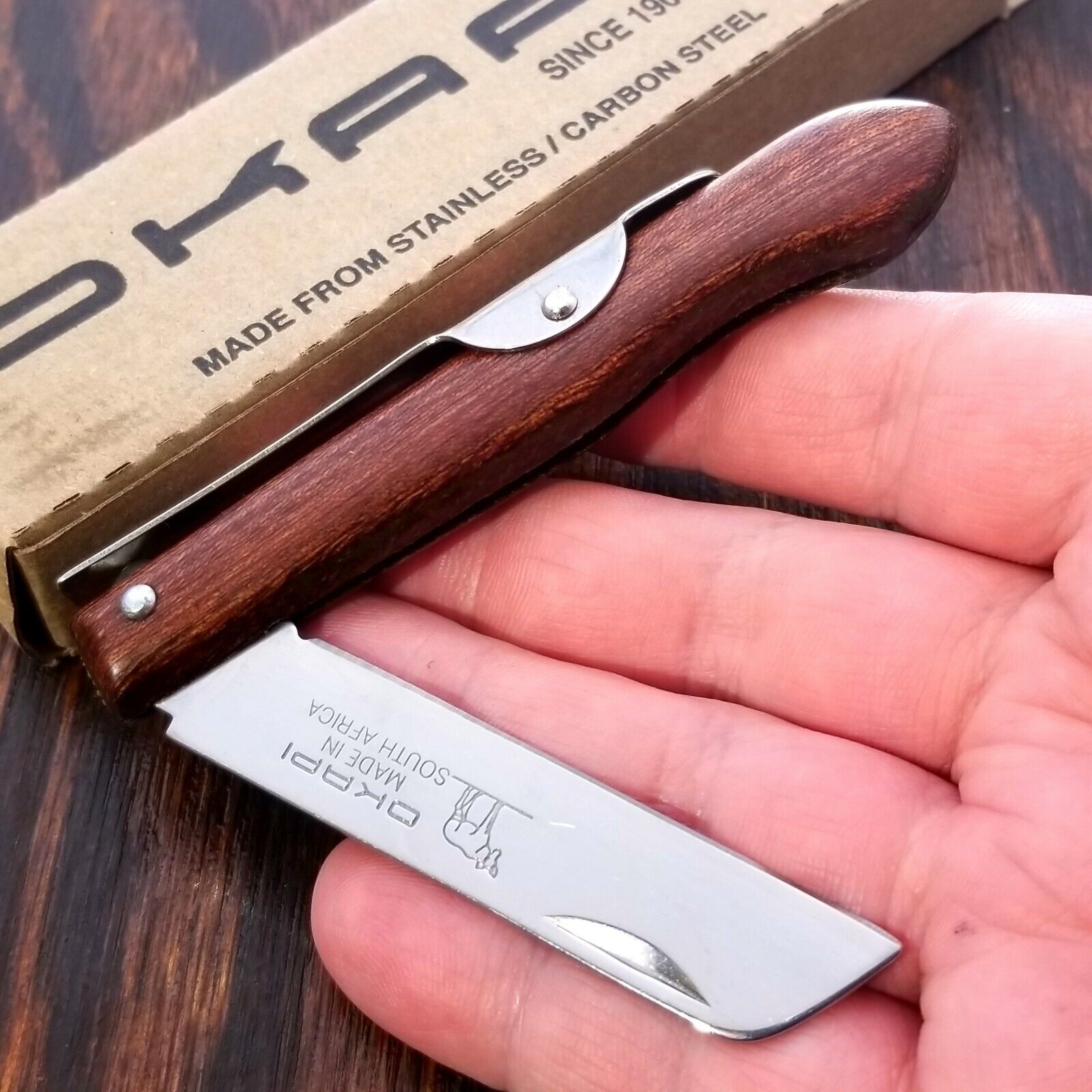 Okapi Biltong Sheepsfoot Blade Wood Handles Pocket Knife Made in South Africa