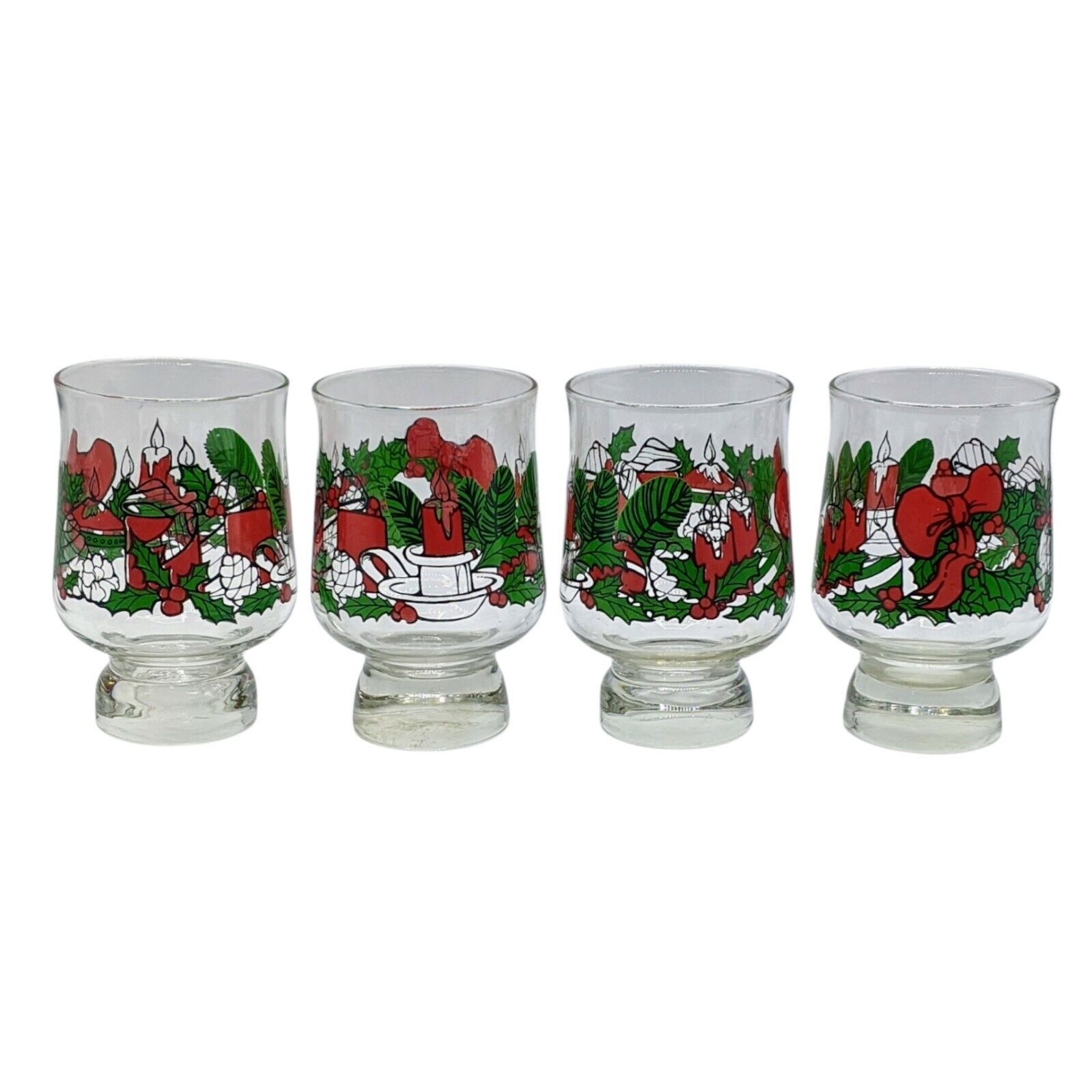 Vintage Pedestal Christmas Holly Drinking Glasses Set of 4 Candles Wreathes