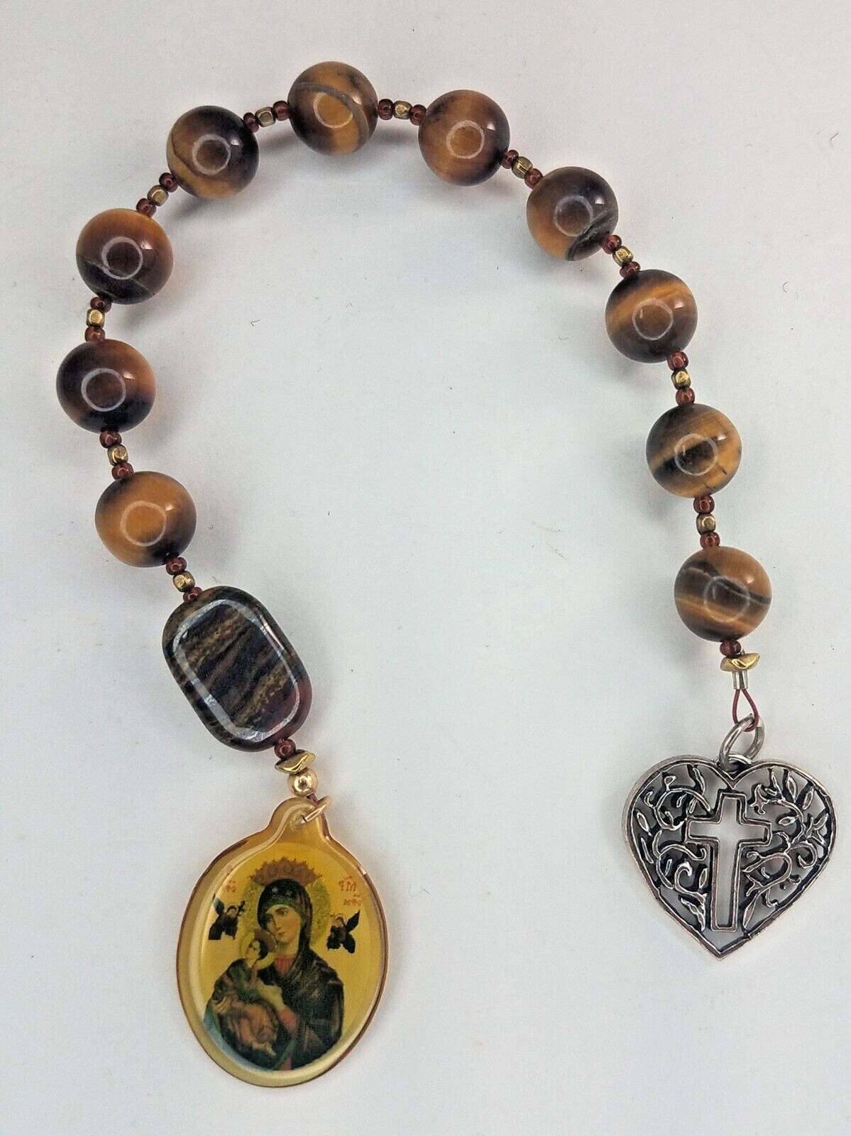 Chaplet Pocket Rosary, Handmade, Tiger\'s Eye, Sterling Heart,