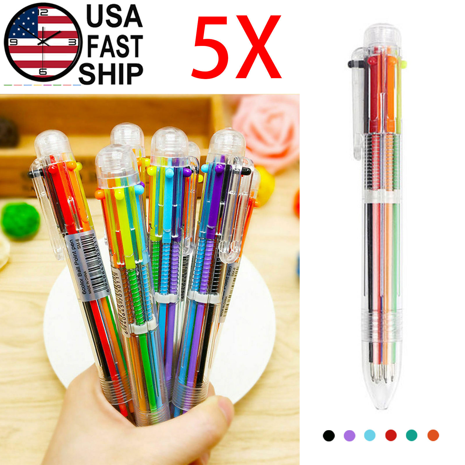 5X Multi-color Ballpoint Pen 6 in 1 Color Ball Point Pens Office School Kids