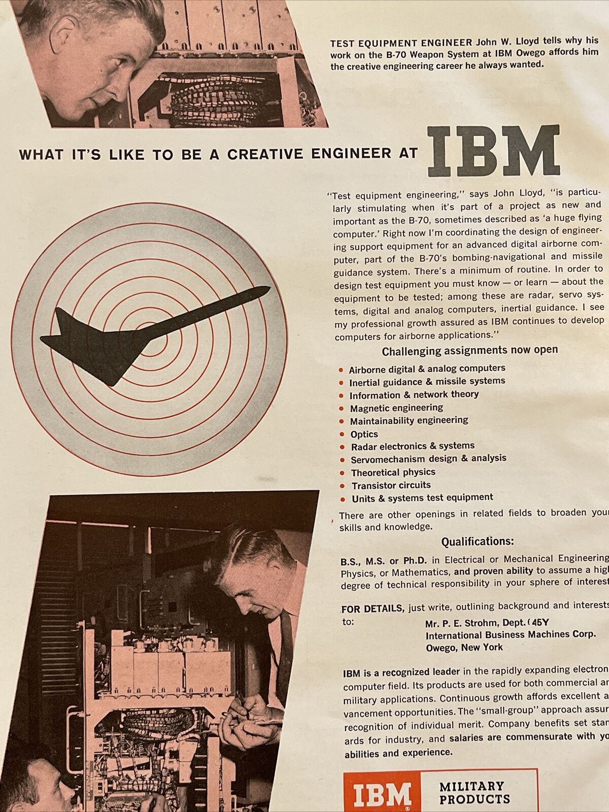 1958 IBM Creative Engineer Hiring Ad Digital Airborne Computers B70 Military