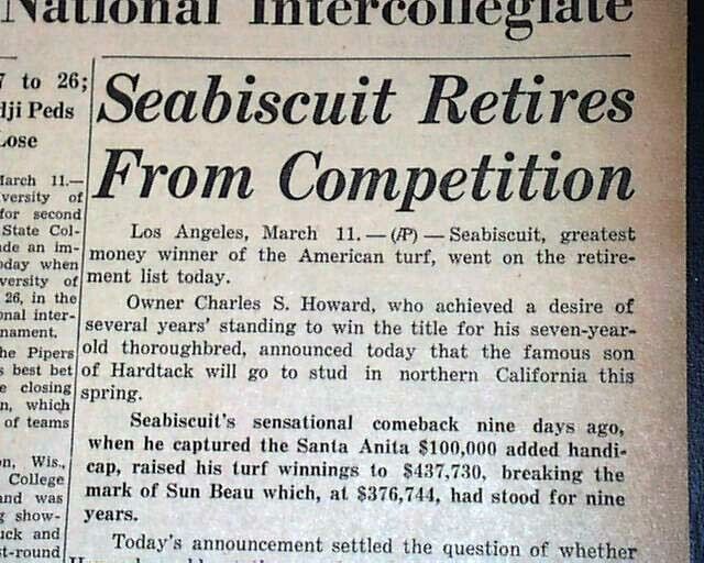 SEABISCUIT RETIRES Thoroughbred Race Horse Racing Champion 1940 Old Newspaper