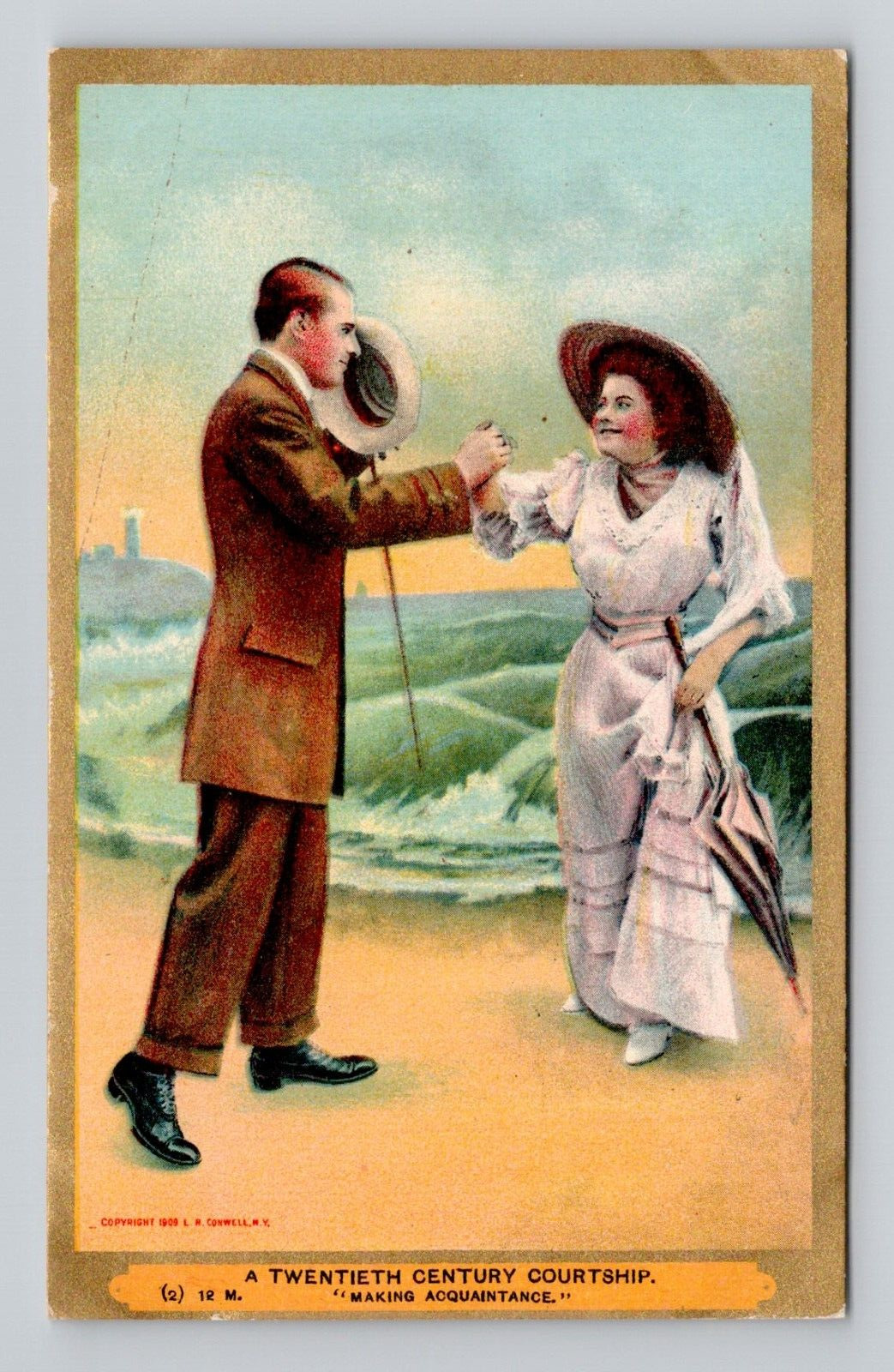Postcard Couple Courtship on Beach Man & Woman 20th Century, Unposted Antique C2