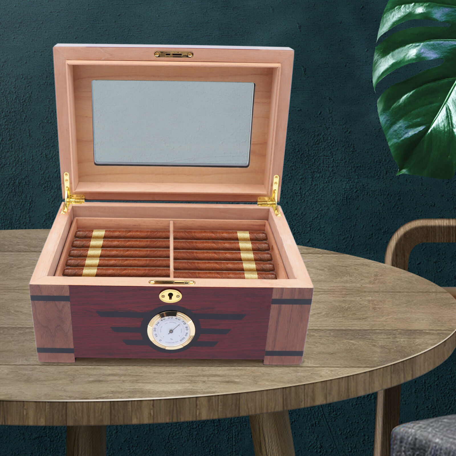 2 Layers Cigar Humidor Cedar Wood Glass Desktop Holds 100 Cigars Brown Box USA