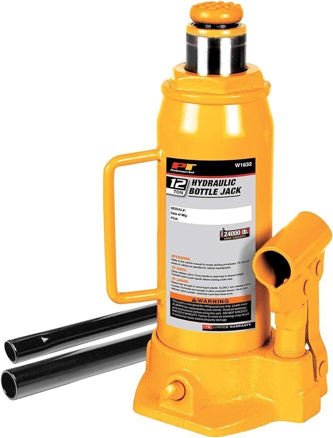 12 Ton (24,000 lbs.) Heavy Duty Hydraulic Bottle Jack, Yellow