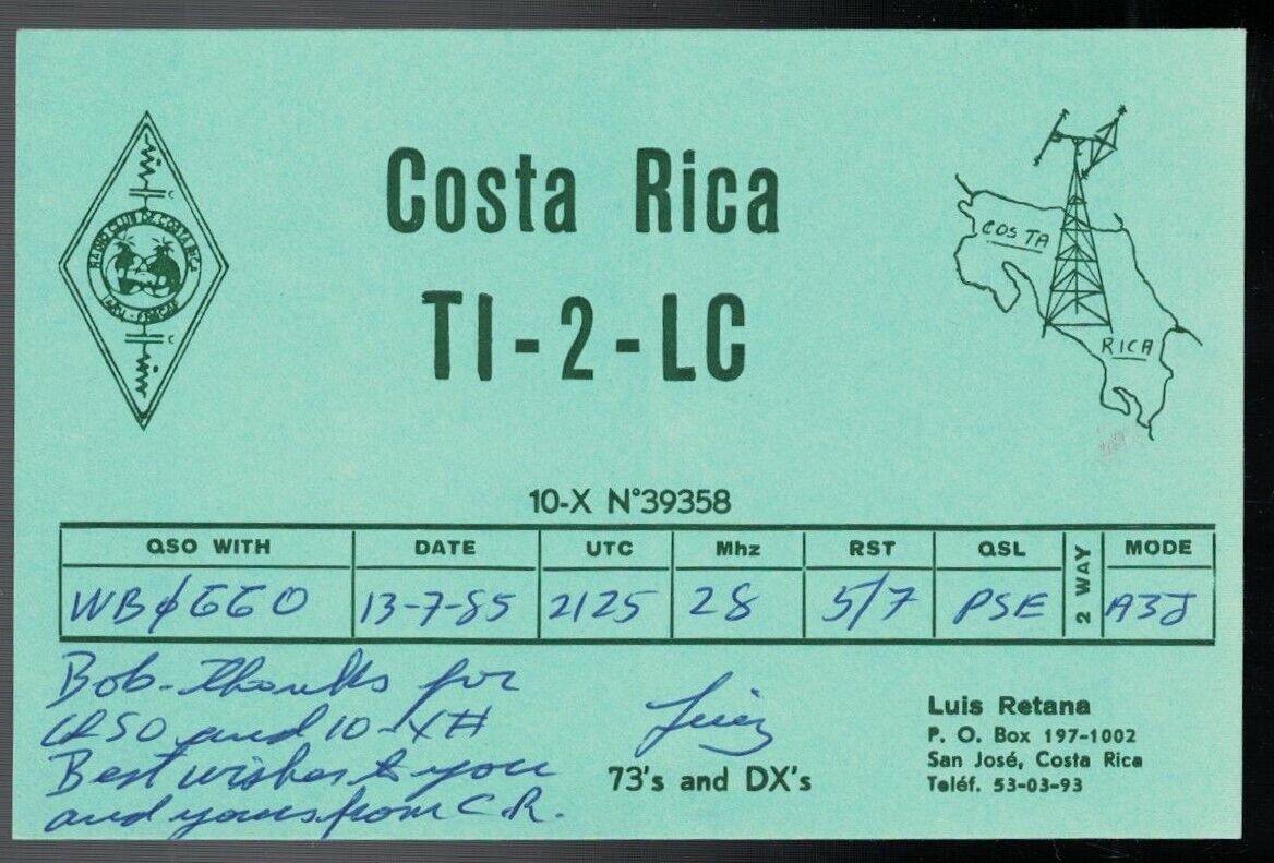 1985 QSL RADIO CALL CARD TI-2-LC SAN JOSE COSTA RICA POSTCARD