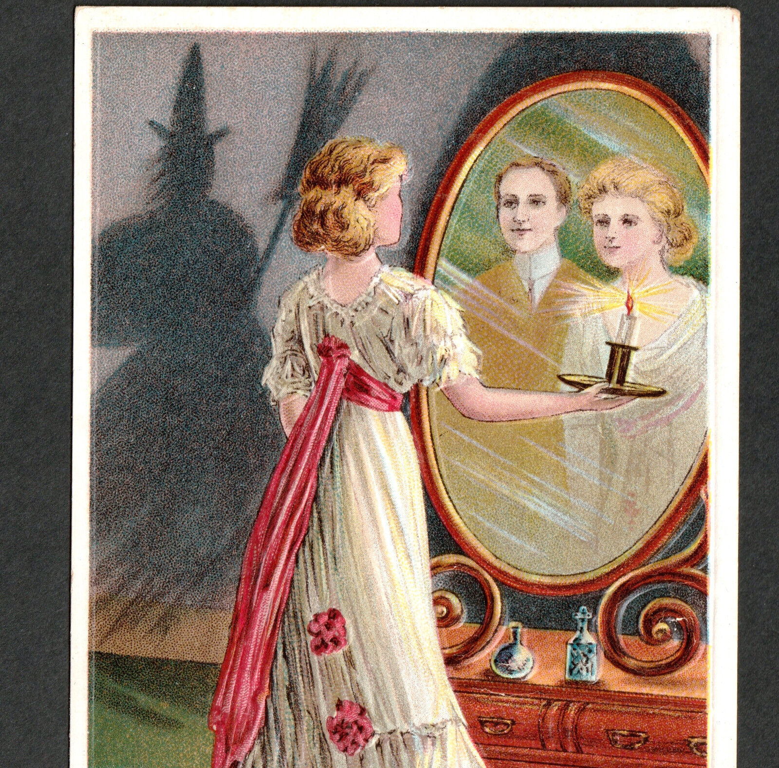 1910 Witch On Halloween Mirror Love Romance Candle Anglo-American #876 PostCard