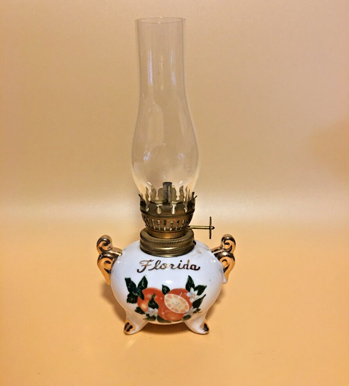 Vintage Porcelain Miniature Oil Kerosene Lamp FLORIDA in Gold Letters & Oranges