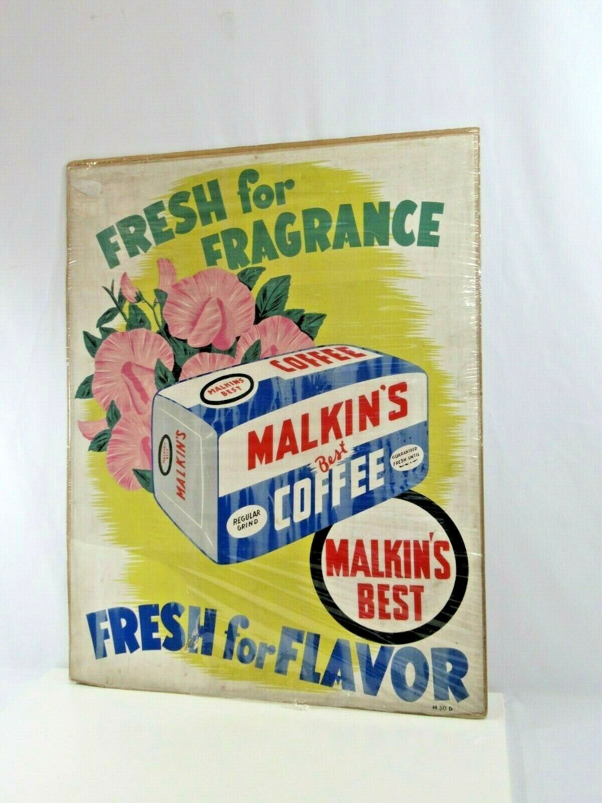 Malkins Best Coffee Sign VTG Cardboard Fresh for Fragrance Flavor 1930s Ad BC