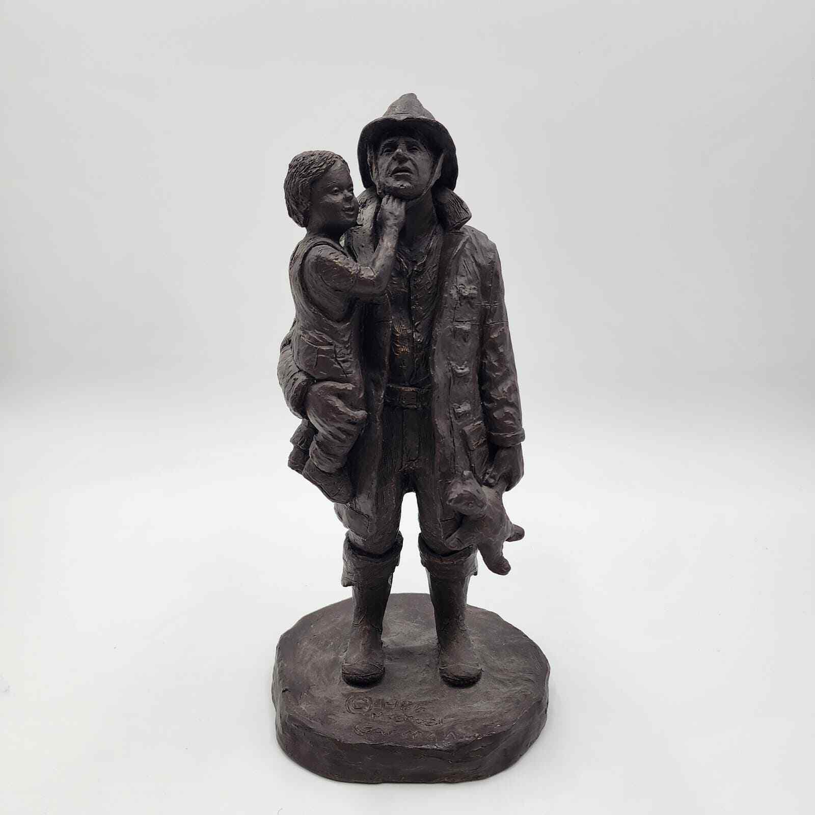 Rare Vintage 1986 Firefighter Saving Girl Michael Garman Sculpture Bronzetone 