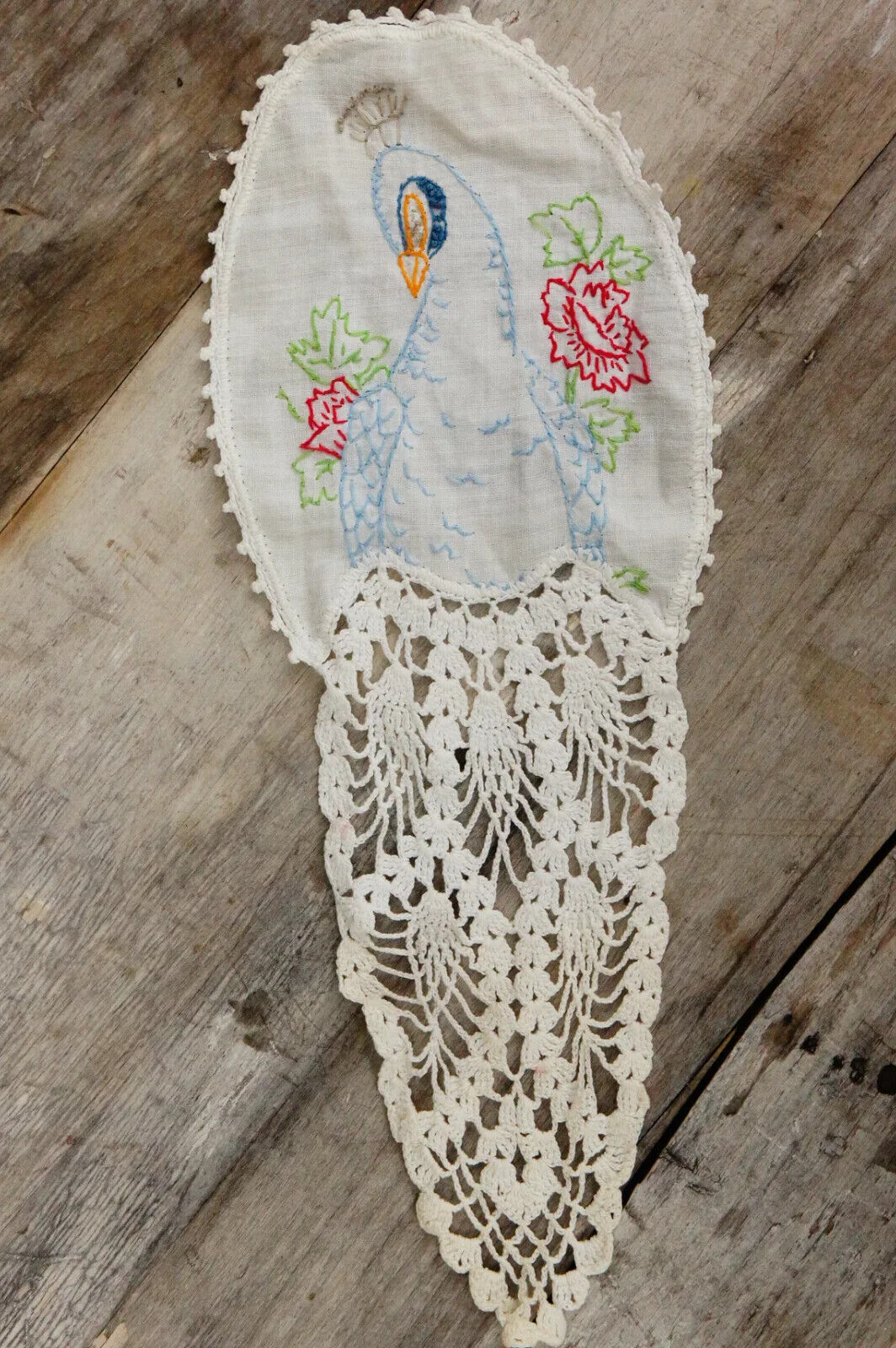 Vintage Embroidered Peacock Lace Doily Craft Supply Shabby Chic Bohemian Chic Co