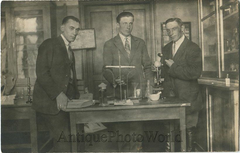 Men in science class chemistry laboratory lab microscopes biology antique photo