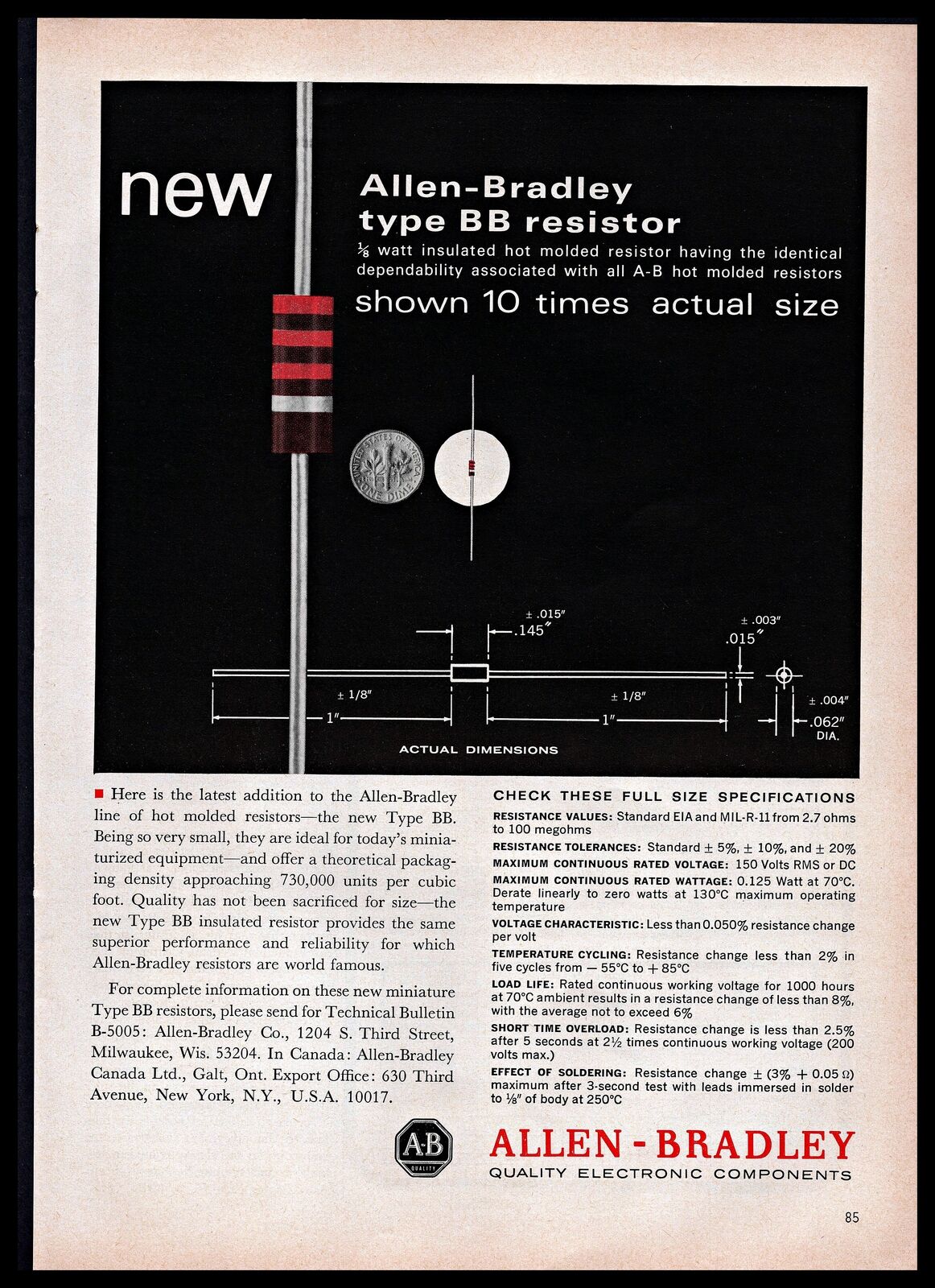 1965 Allen-Bradley Electronics Type BB Insulated Resistor Specs Vintage PRINT AD