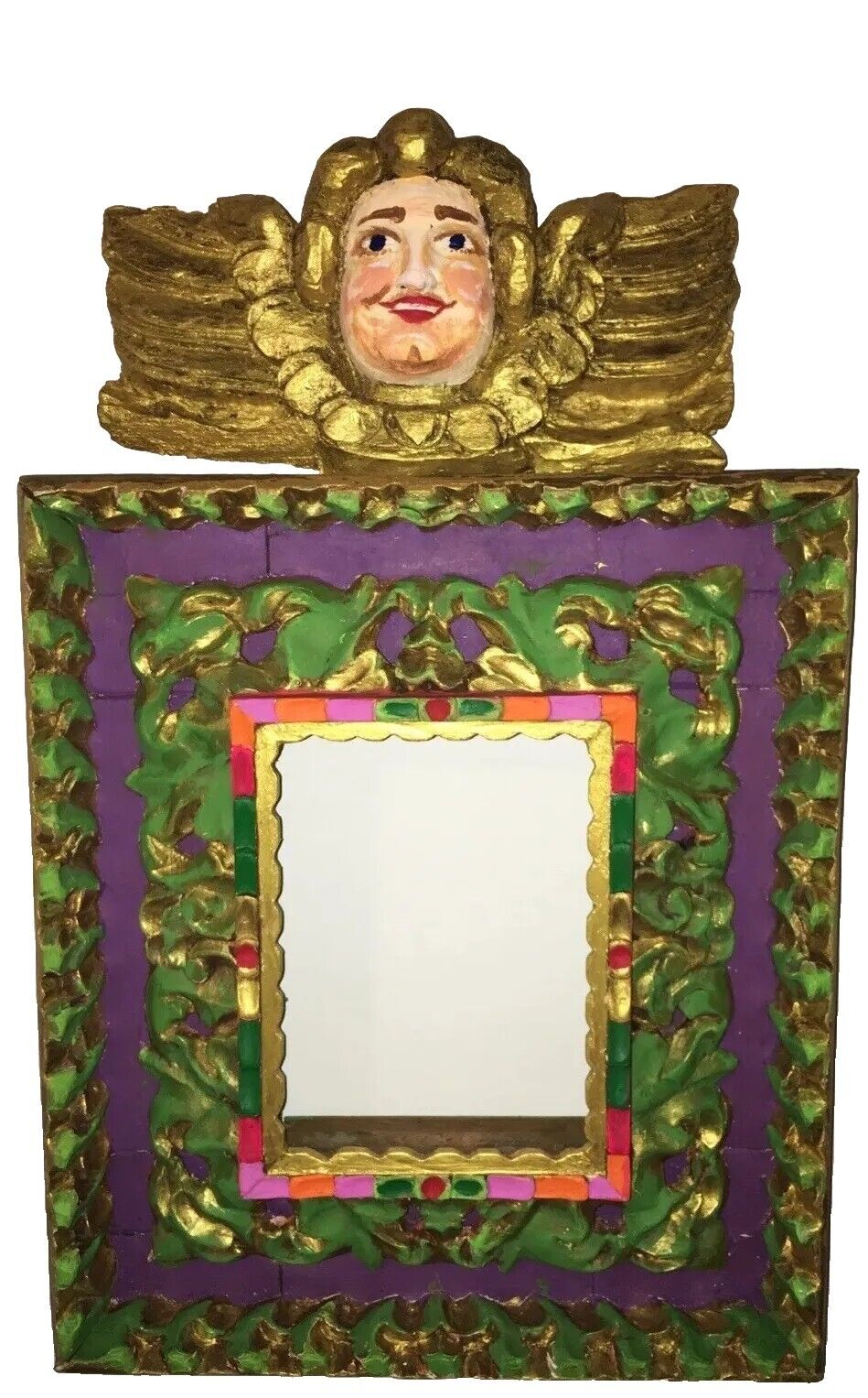 Antique FRAME CENTRAL AMERICA SPANISH COLONIAL  CARVED WOOD ANGEL gilded painted