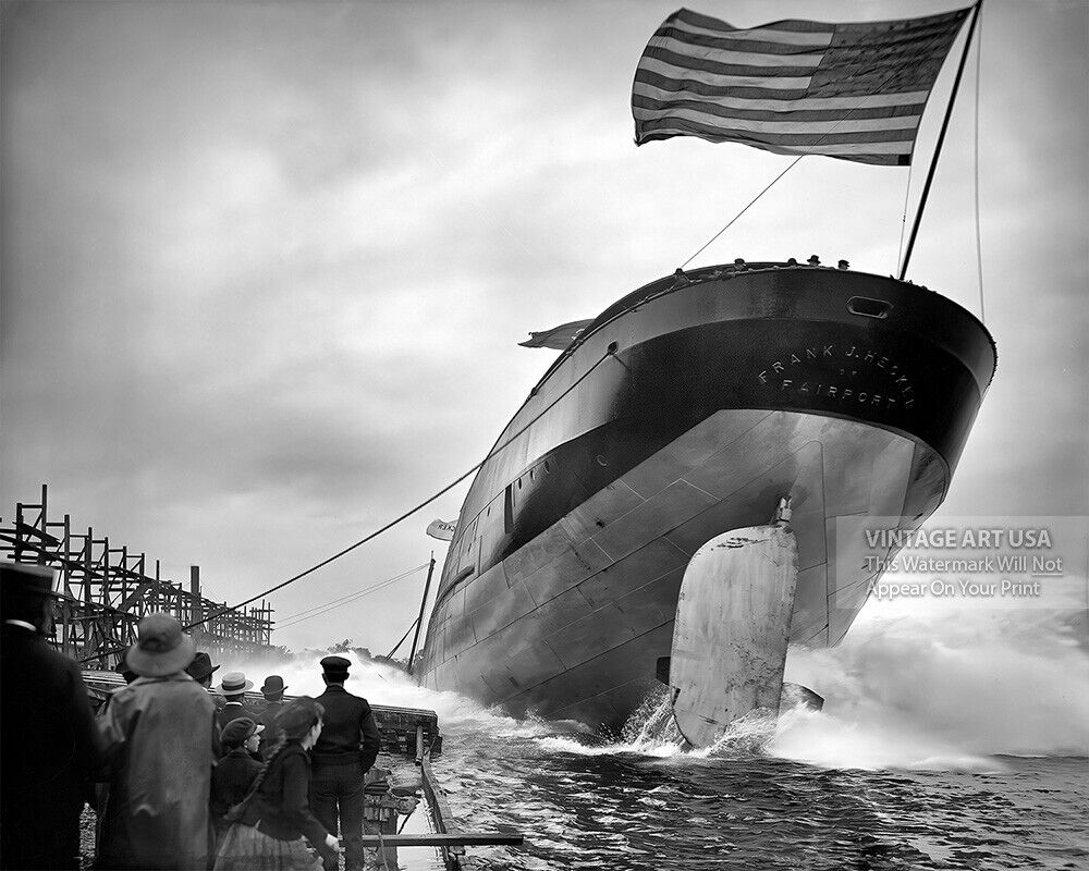 Vintage 1905 Ship Launch Photograph - Patriotic USA Flag Boat - Frank J Hecker