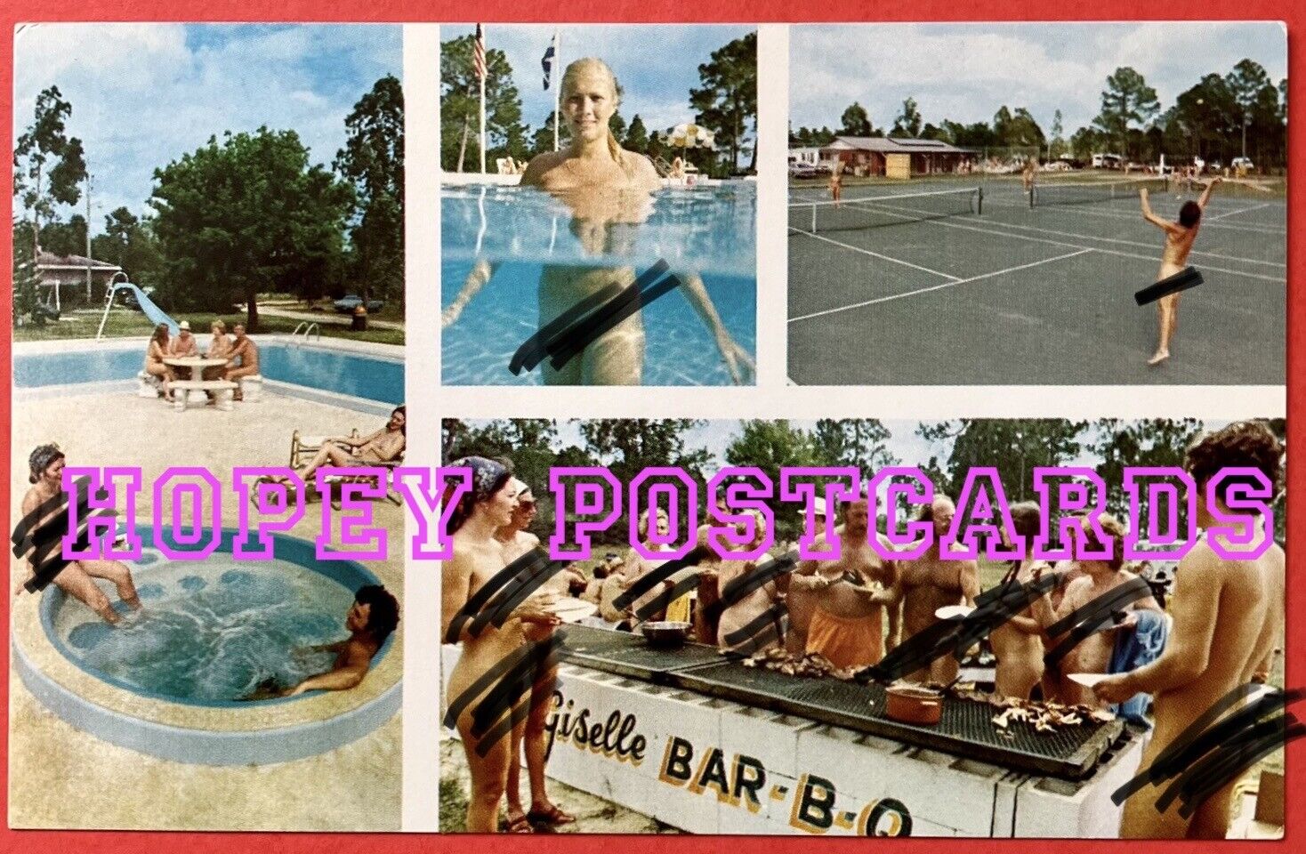 JUPITER SUNSHINE GARDENS BAR-B-Q ~ FLORIDA ~ NUDIST COLONY ~ postcard ~1970s