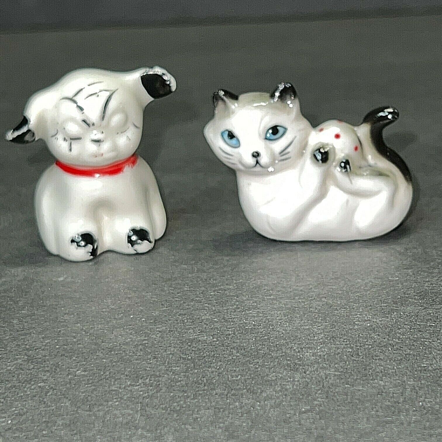 Mini Porcelain Cat & Dog Figurines (2) Vintage Japan Hand painted Black, White R