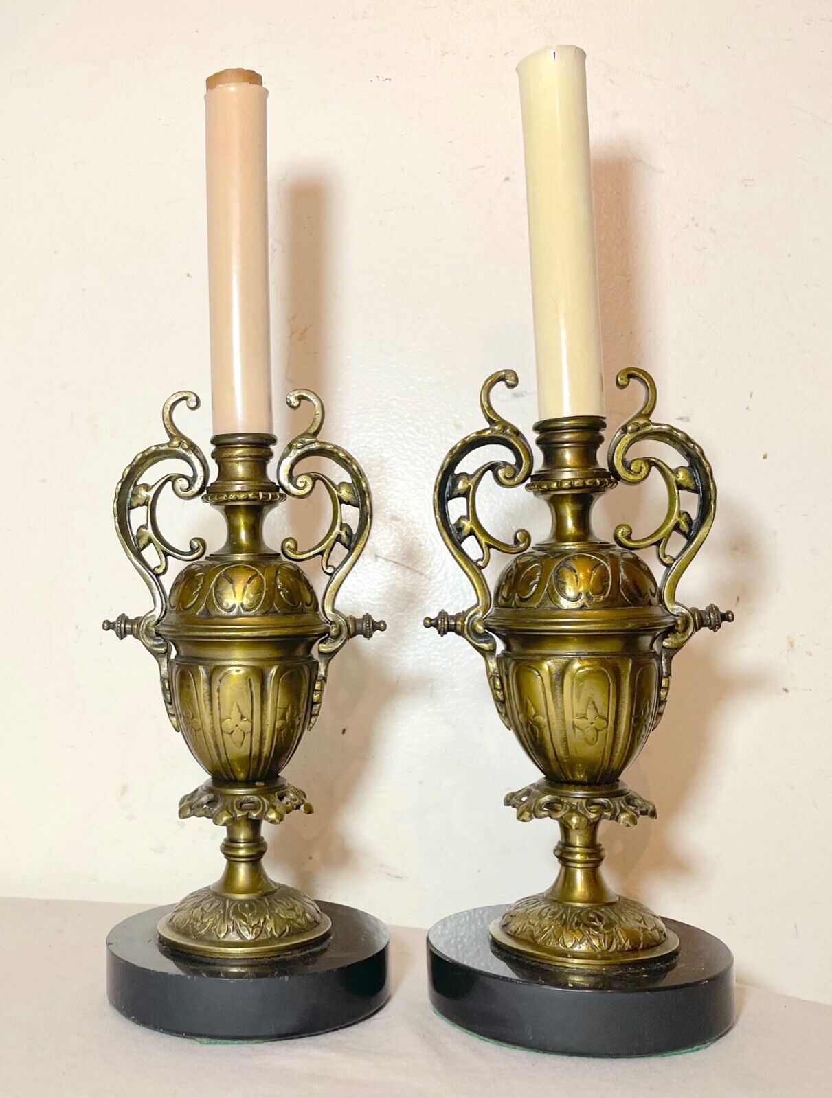 pair of 2 antique eastlake aesthetic ornate bronze marble electric table lamps