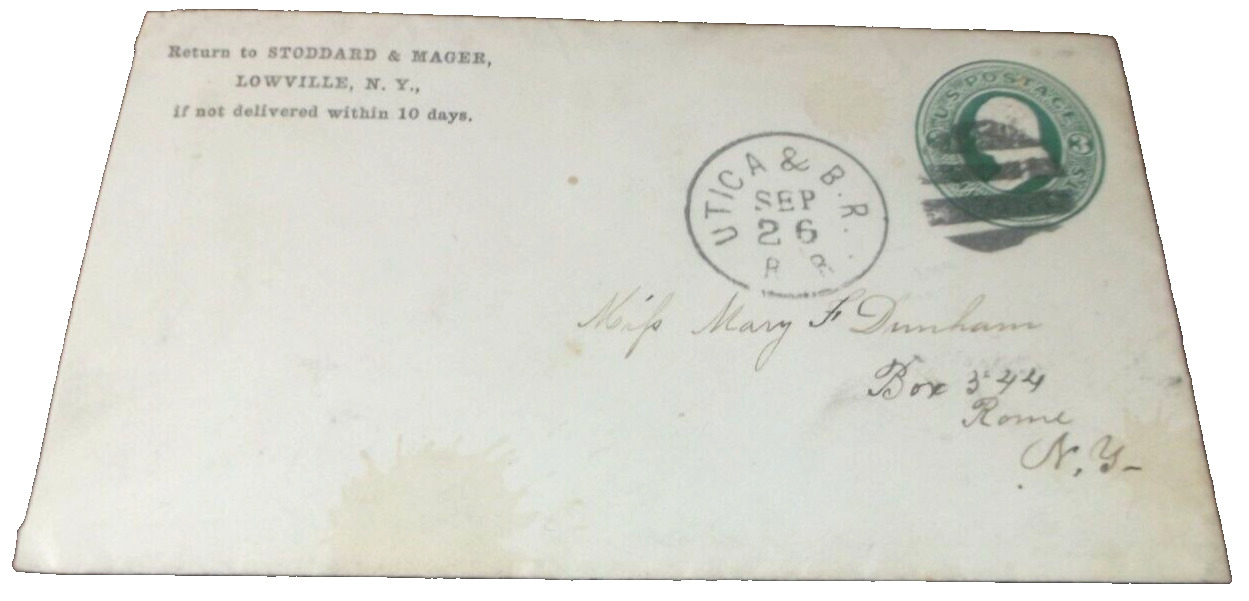 JUNE 1885 UTICA & BLACK RIVER RAILROAD RW&O NYC RPO HANDLED ENVELOPE