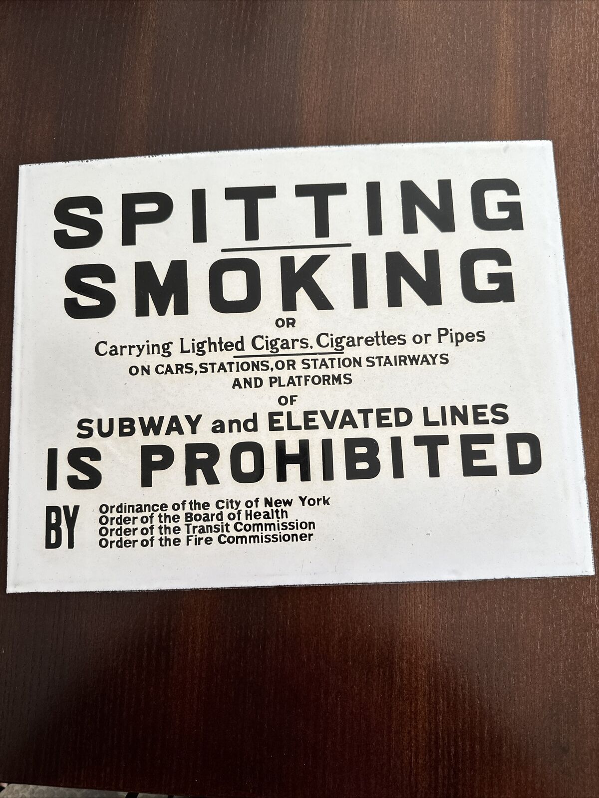 NYC Subway No Spitting No Smoking Vintage Porcelain Sign