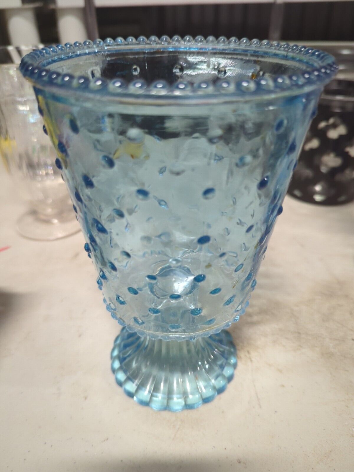 Vintage Aqua Blue Footed Bowl Glass Vase