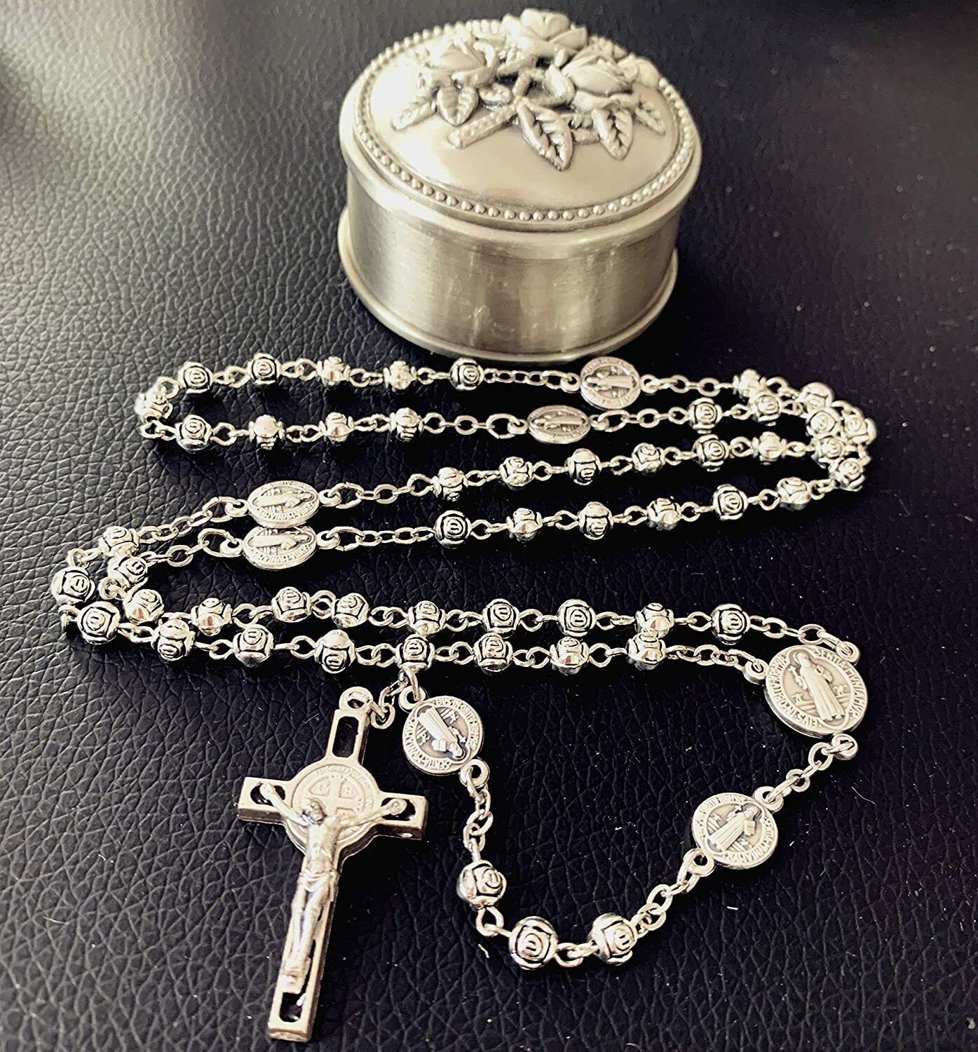 SILVER Rose bead St.Benedict Rosary Italy Crucifix catholic necklace cross box