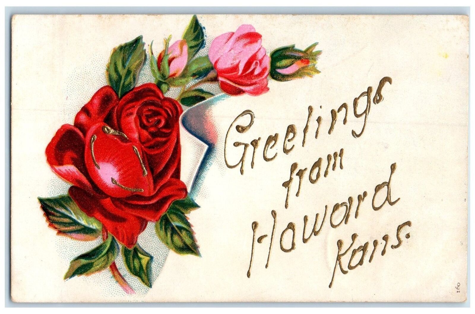 1909 Greetings From Howard Kansas KS Posted Embossed Rose And Leaves Postcard