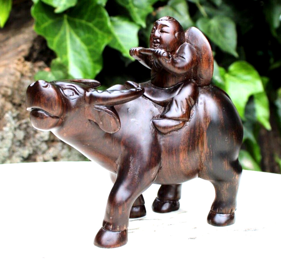Vintage Asia Chinese Hand Carved Wood Man Riding Water Buffalo Ox