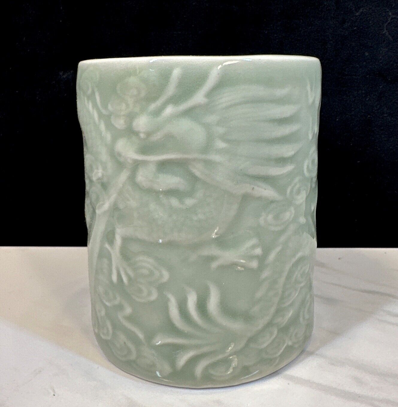 Vintage Celadon Jade Green Chinese Dragon Relief Brush Pot Holder Vase 5” Tall