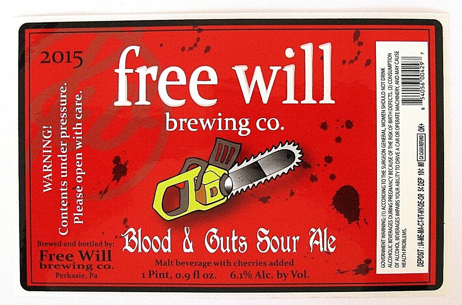 Free Will Brewing Co BLOOD & GUTS SOUR ALE beer label PA 12oz STICKER 2015