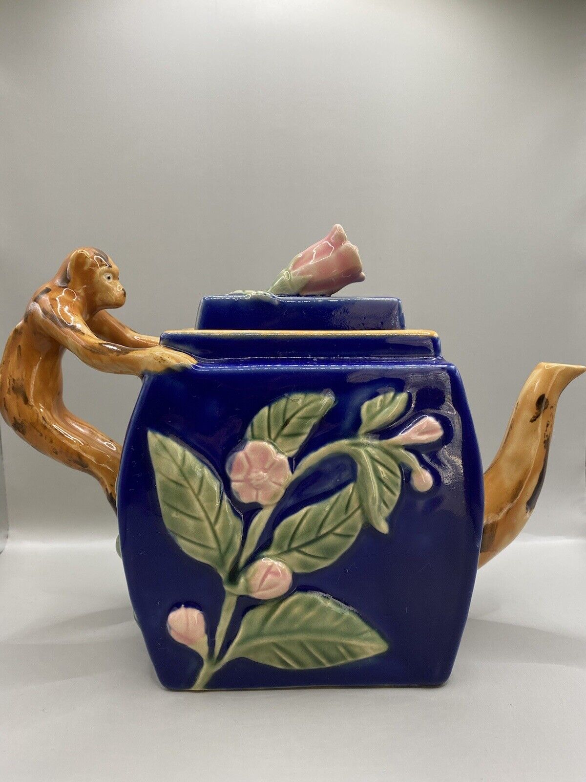 Henriksen Imports Classic Majolica Handpainted Stoneware Teapot w/Monkey Handle