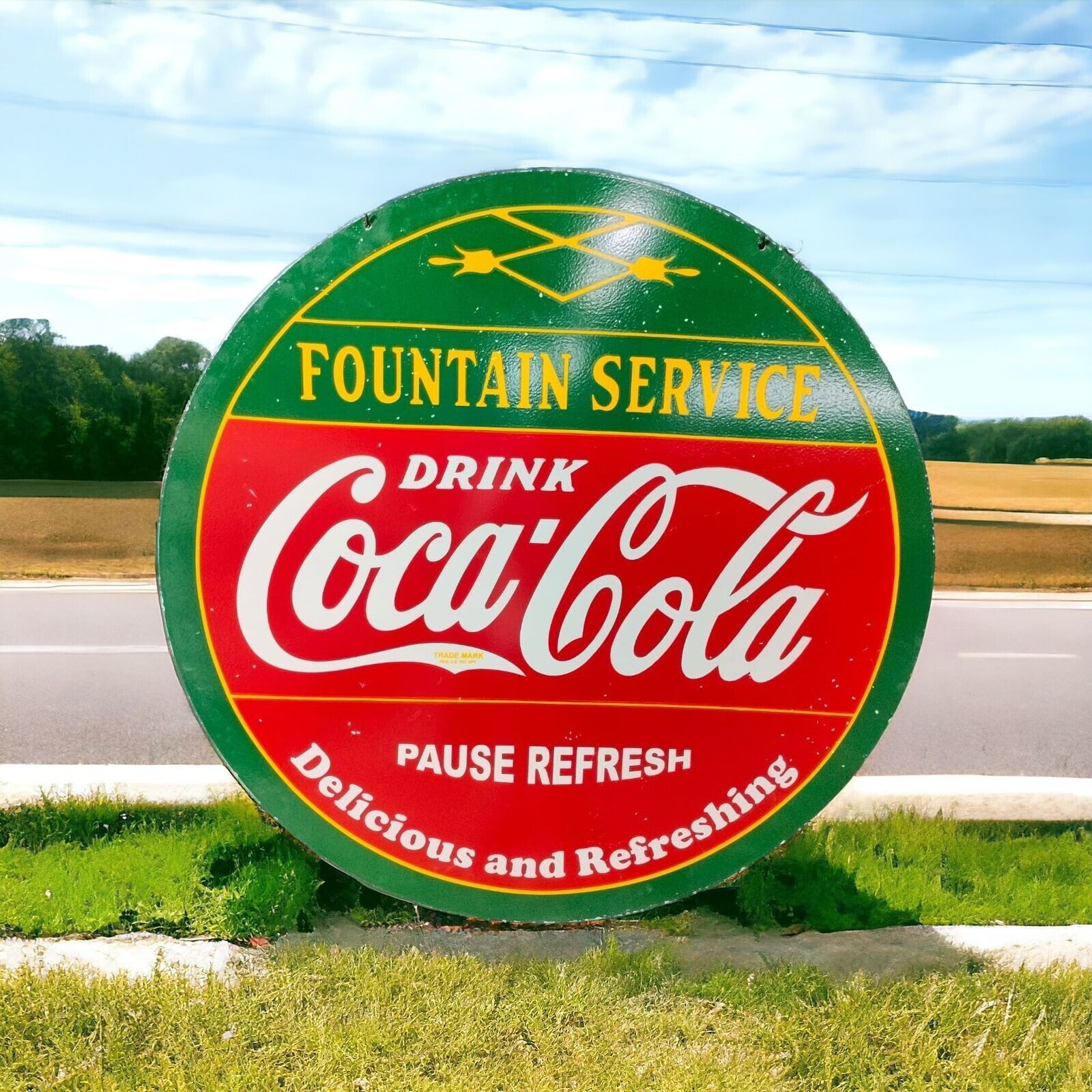 COCA COLA FOUNTAIN SERVICE  PORCELAIN ENAMEL  SIGN  48 INCHES 4 FEET  DSP SIGN