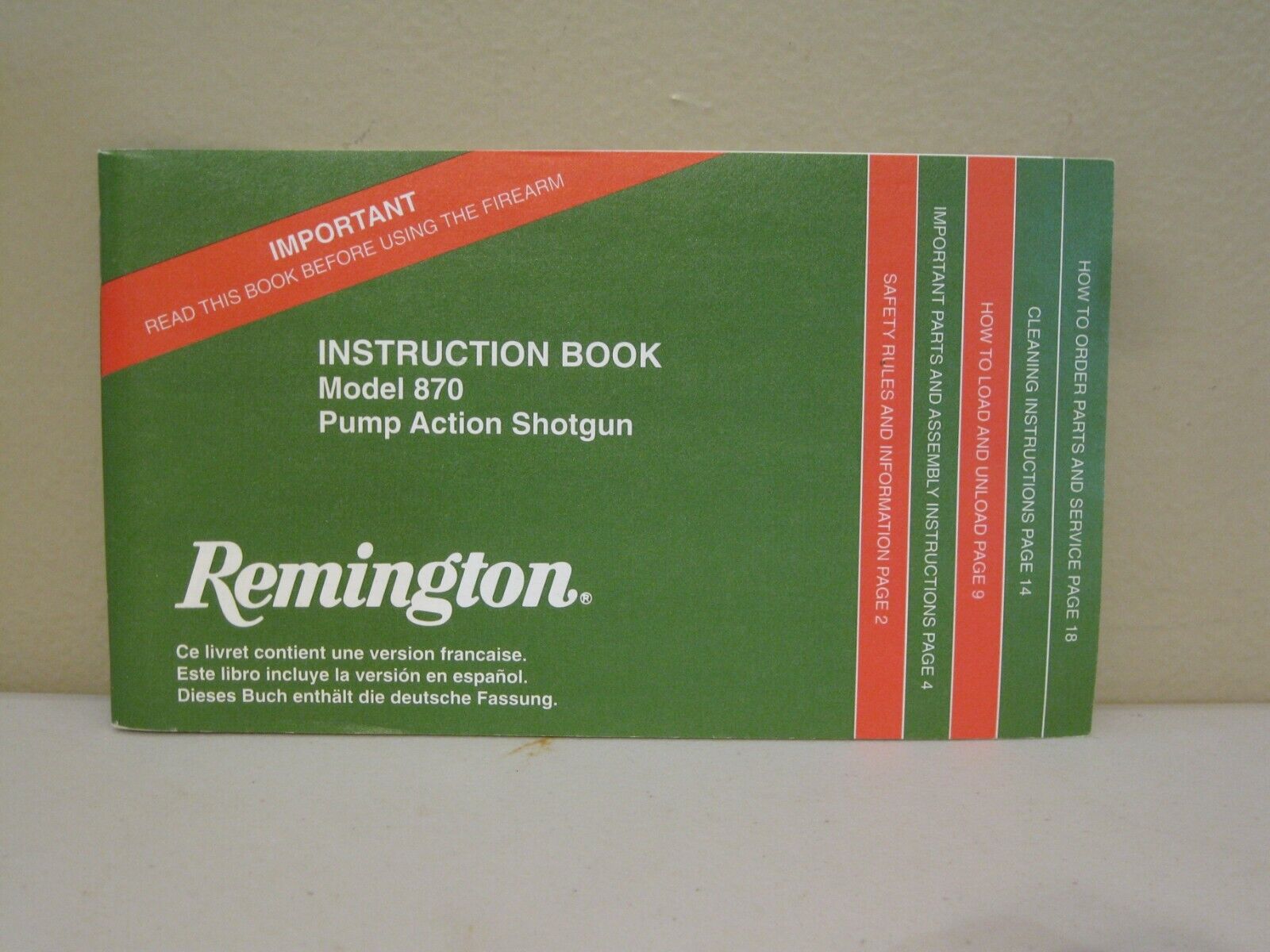 REMINGTON Model 870 Pump Action Shotgun Instruction Book- 10/96 4 Languages