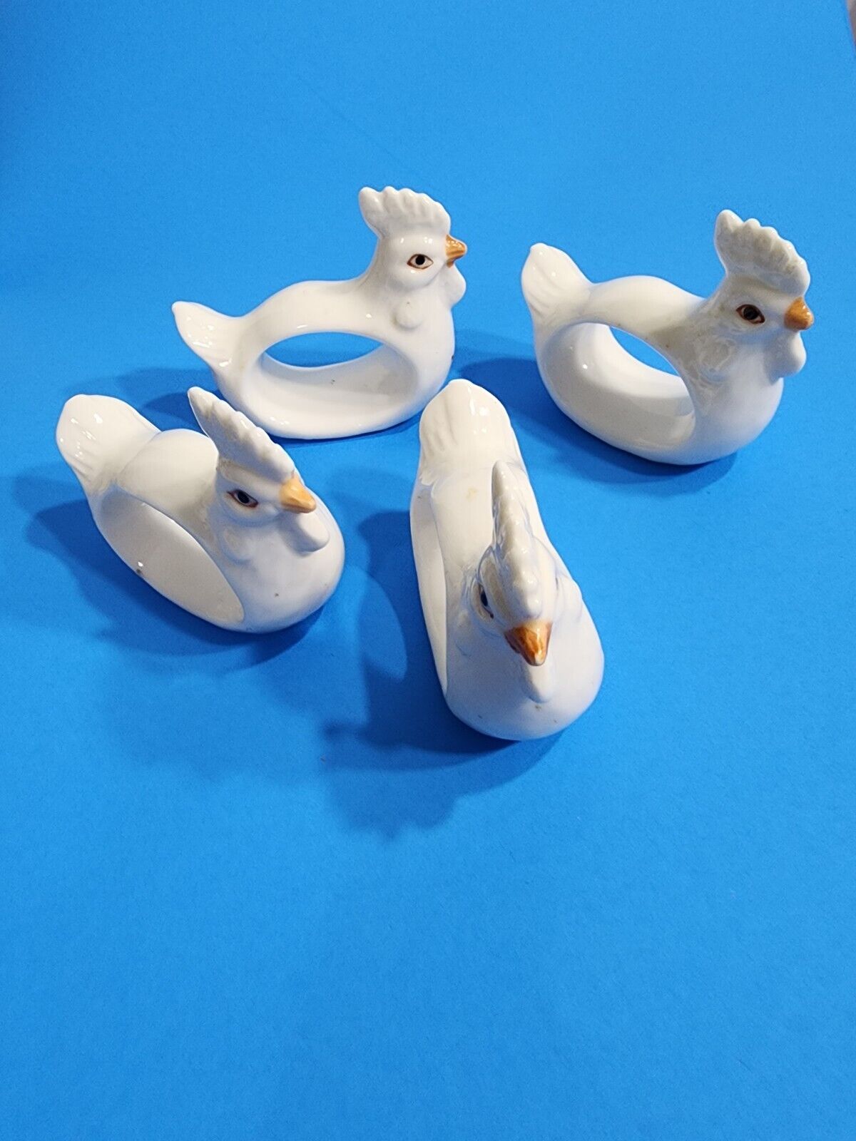 Set Of 4 Chicken Hen Roosters Napkin Rings White Farmhouse Rustic Bone China 
