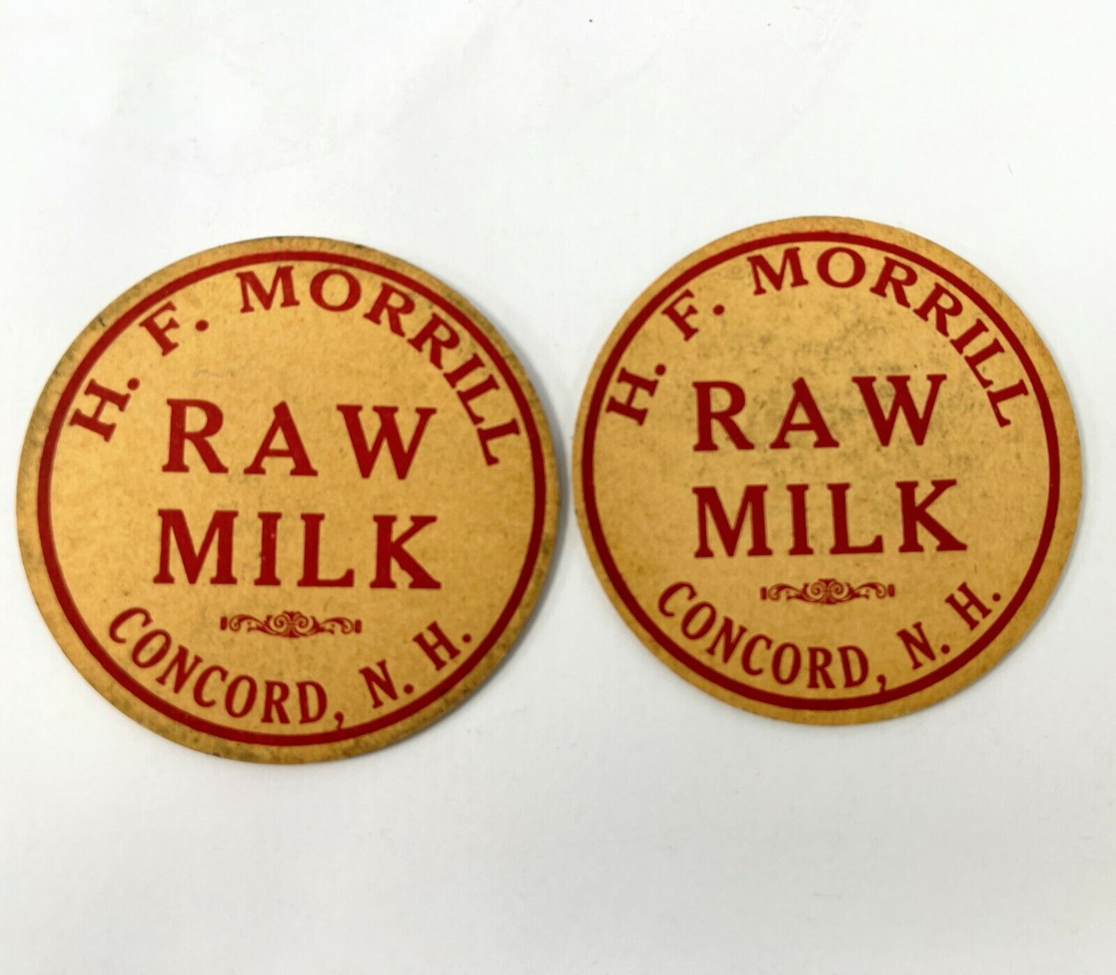 Vintage Milk Cap H F Morrill Raw Milk Concord New Hampshire NH Lot of 2