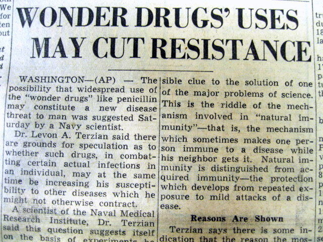 1950 newspaper BACTERIA RESISTANCE to ANTIBIOTIC USE is warned by MEDICAL DOCTOR