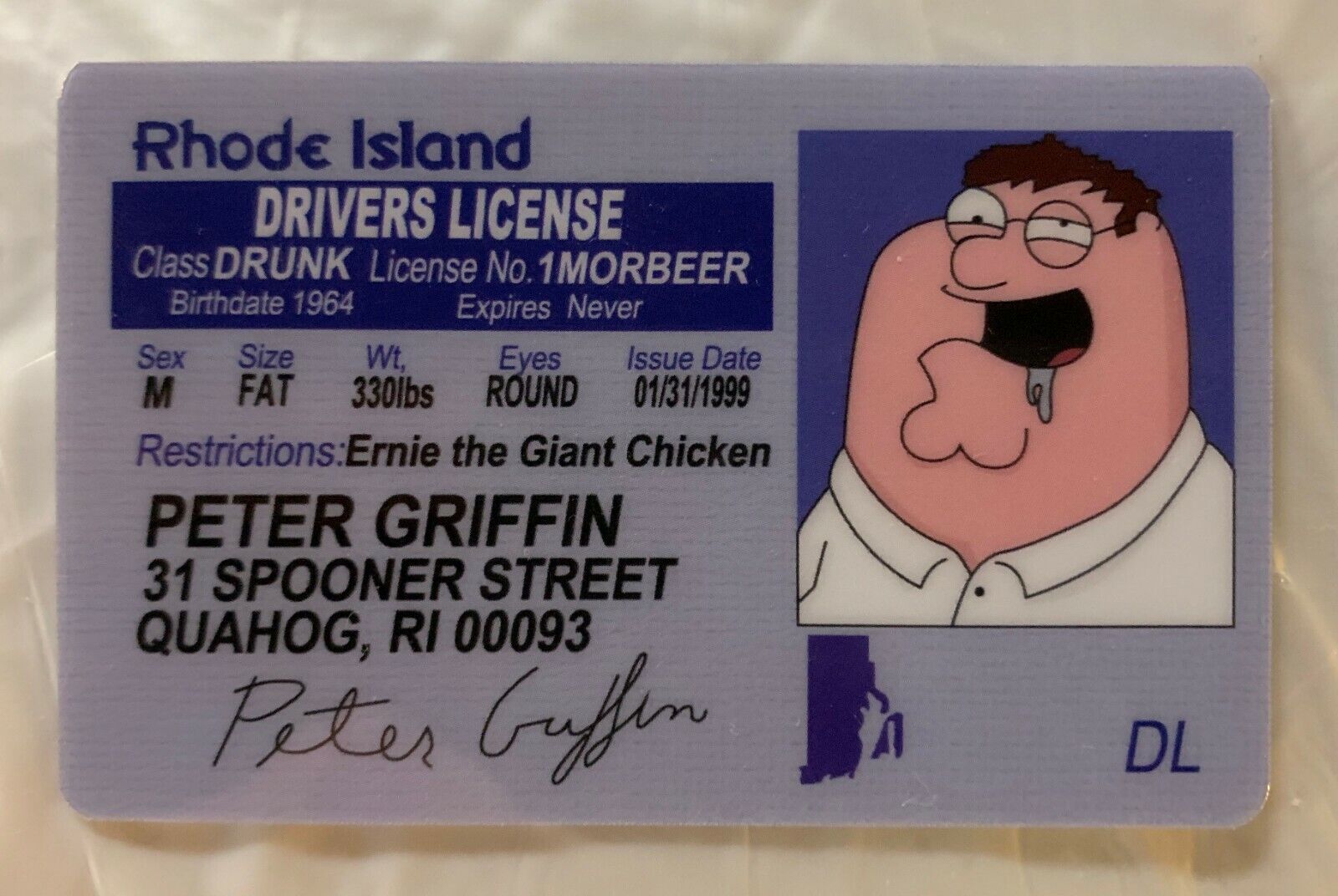 Peter Griffin Family Guy Rhode Island Drivers License Novelty ID Animated Stewie
