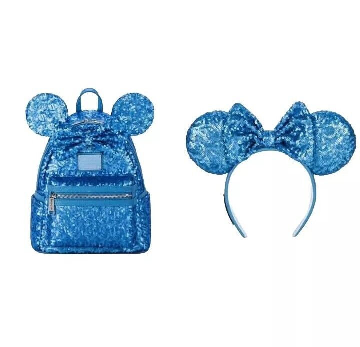 Disney Parks Loungefly Backpack & Ears Cornflower Flower Blue Sequins 2024 Combo