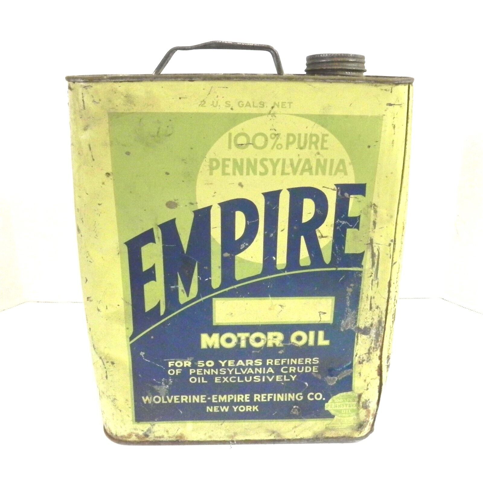 VINTAGE EMPIRE MOTOR OIL WOLVERINE-EMPIRE REFINING CO. 2 GALLON CAN EMPTY USED