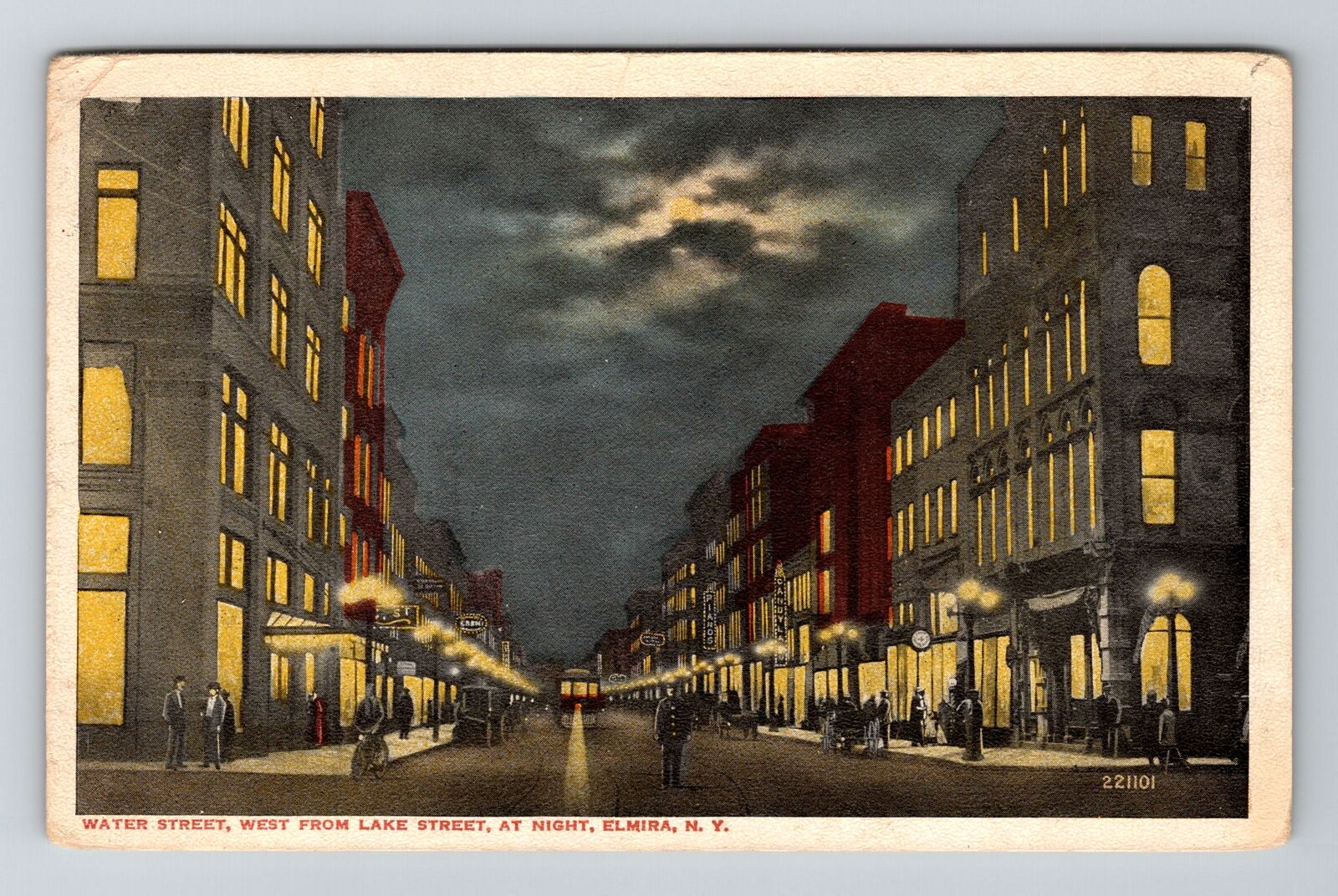 Elmira NY-New York, Water Street W. from Lake Street at Night Vintage Postcard
