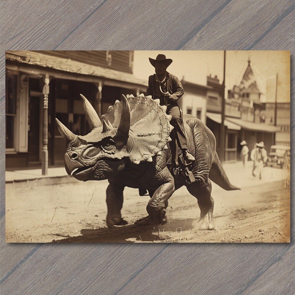 POSTCARD Dinosaur Riding Men Cowboy Old School Vibe Weird Strange Triceratops